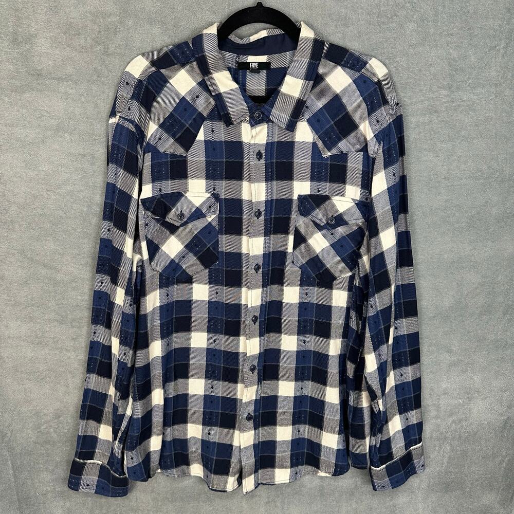 Frye Shirt Mens XXL Blue Plaid Jacquard Flannel Button Front Long Sleeve Western - Picture 1 of 12